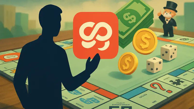 Изображение игрового поля Monopoly Go с логотипом Scrambly, символизирующее заработок денег