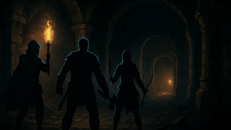 Игровой скриншот Begraved, демонстрирующий кооперативный данжен-краулер от первого лица в тёмных тонах.