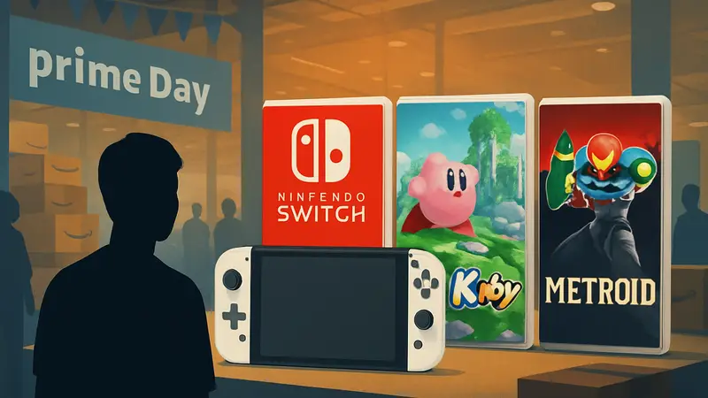 Логотип Nintendo Switch 2 и обложки игр Zelda, Kirby, Metroid на фоне распродажи Amazon Prime Day.