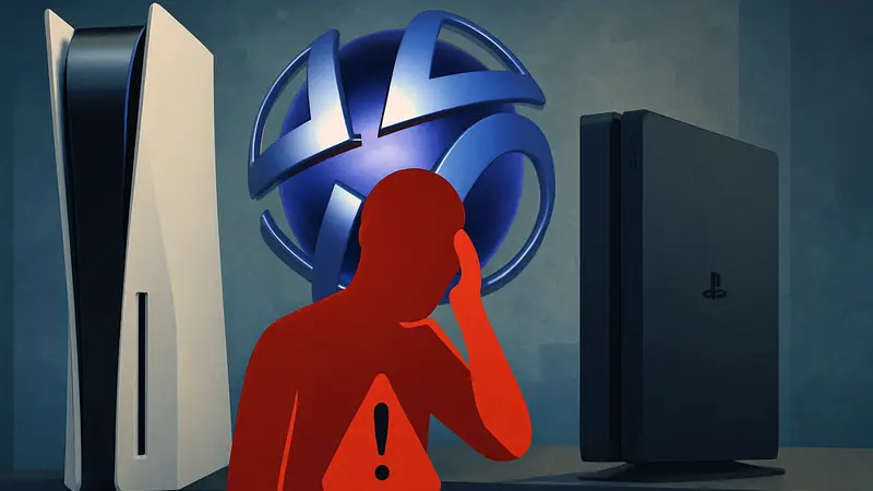Логотип PlayStation Network на фоне консолей PS5 и PS4, проблемы PSN