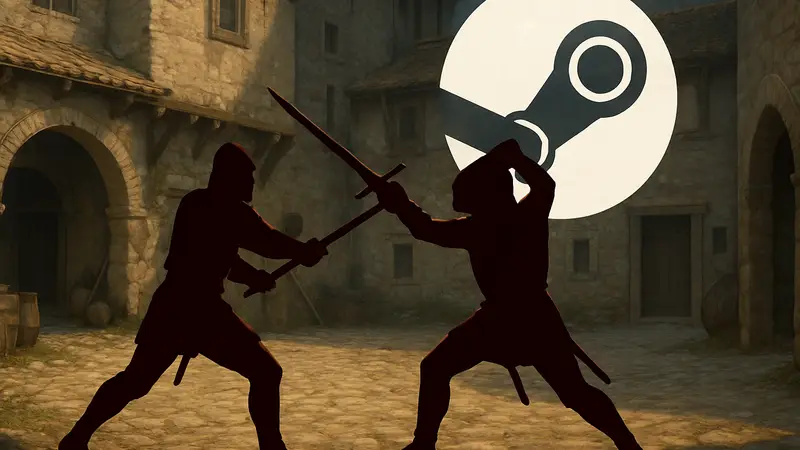 Скриншот или арт из игры Half Sword, показывающий средневековый бой, на фоне логотипа Steam