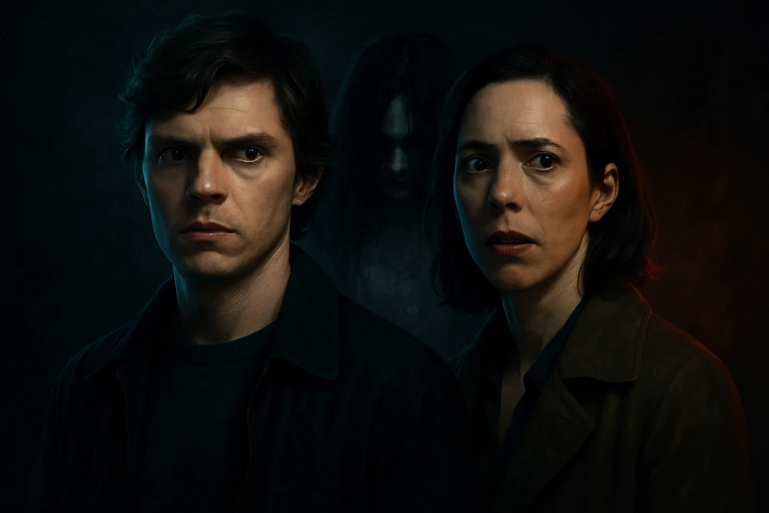 Промо-постер хоррор-сериала «Красавица» с актёрами Эваном Питерсом и Ребеккой Холл на тёмном фоне.