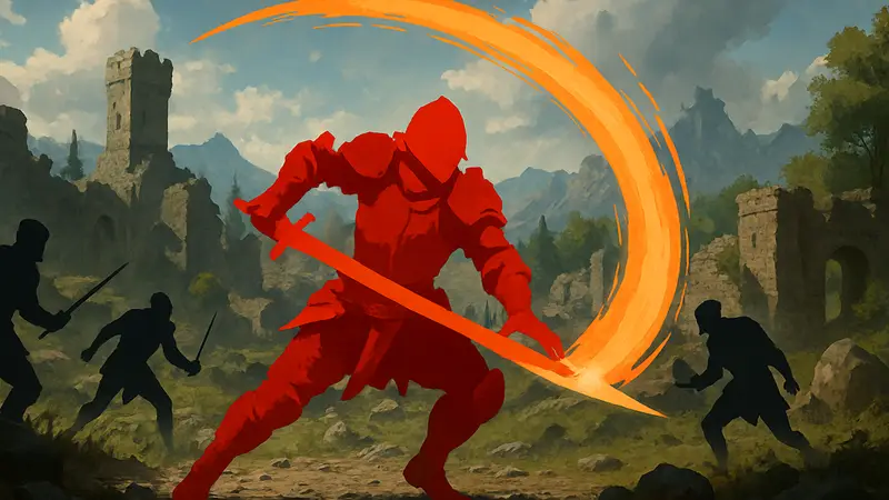 Игрок в броне выполняет эффектное комбо в фэнтезийном мире игры Crimson Desert.