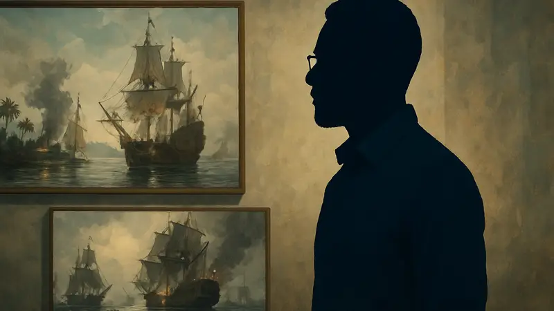 Тиаго де Мело Пруденте, разработчик Black Sailors, на фоне концепт-артов морской стратегии.