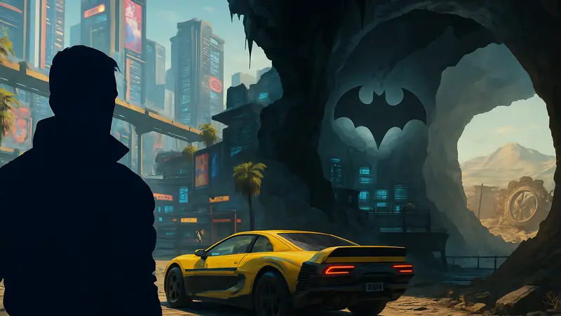 Скриншот из Cyberpunk 2077, показывающий новые локации мода, Найт-Сити, Бэтпещеру, Fallout отсылки.