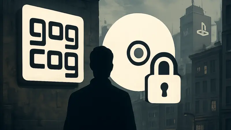 Логотип GOG и символ диска, иллюстрирующие защиту прав игроков на владение играми и оффлайн-доступ.