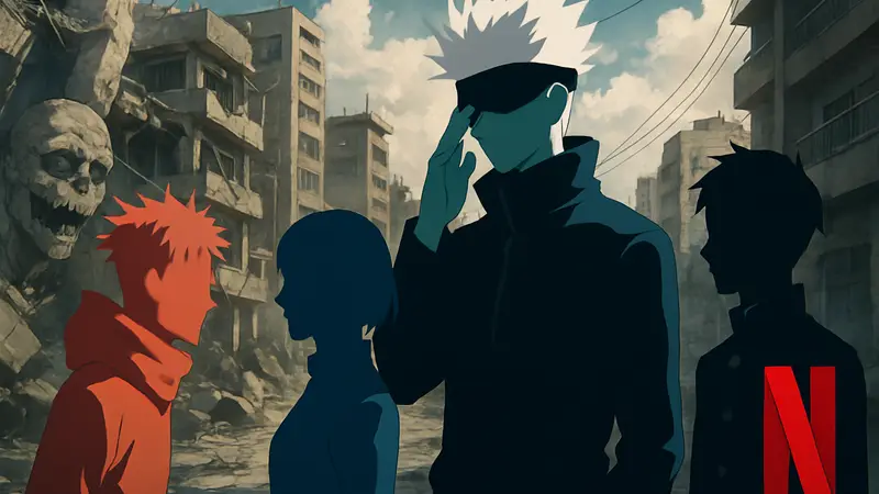 Постер аниме «Магическая битва» (Jujutsu Kaisen) с главными героями и логотипом Netflix.