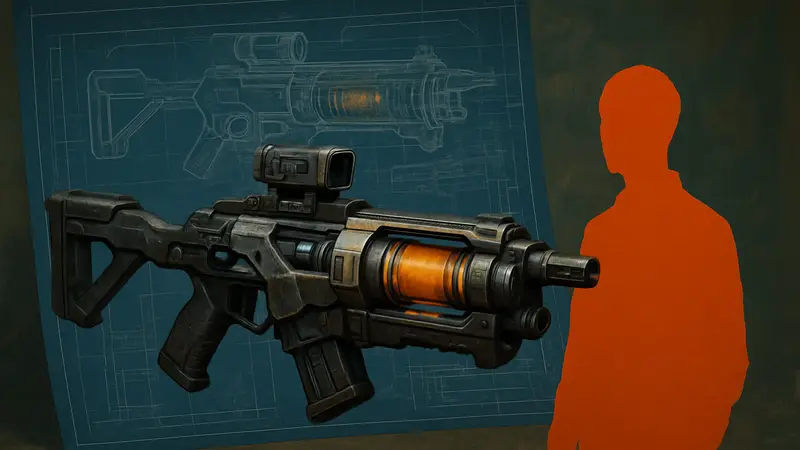 Изображение энергетического дробовика Dolabra из игры ARC Raiders с чертежом на фоне