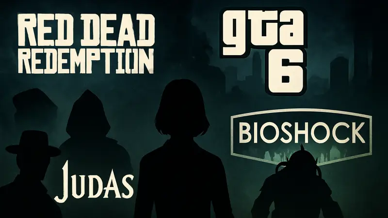 Логотипы игр Red Dead Redemption 2, GTA 6, Judas и BioShock на тёмном фоне, символизирующие игровую индустрию.