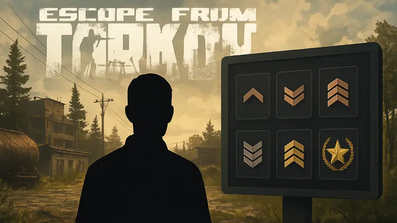 Логотип Escape from Tarkov и скриншот с уровнями престижа.