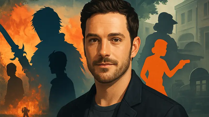 Портрет актёра Бена Старра, известного по озвучке Клайва в Final Fantasy 16, на фоне игровых и кинопроектов.