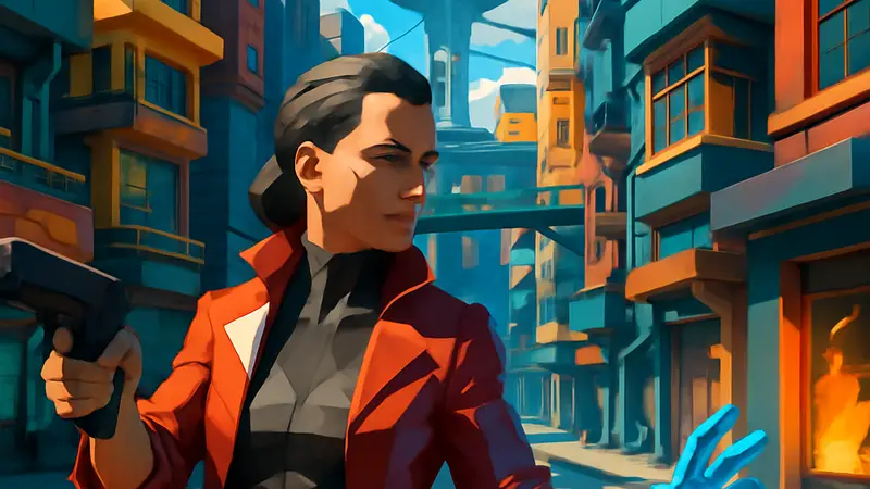 Концепт-арт или скриншот из игры Judas, демонстрирующий футуристичный или антиутопический сеттинг.