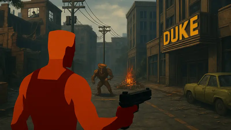 Скриншот из мода Duke Nukem: Zero Hour Overclocked с видом от первого лица.