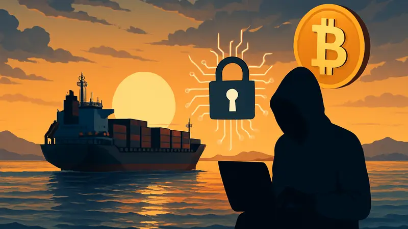 Грузовое судно в Ормузском проливе на фоне заката, иллюстрация киберугрозы и биткоинов.