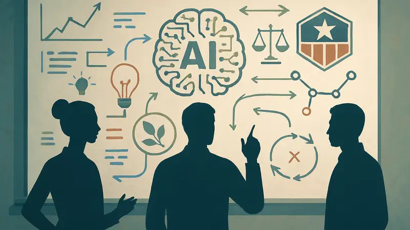 Изображение дорожной карты или мозгового штурма вокруг искусственного интеллекта и этики.
