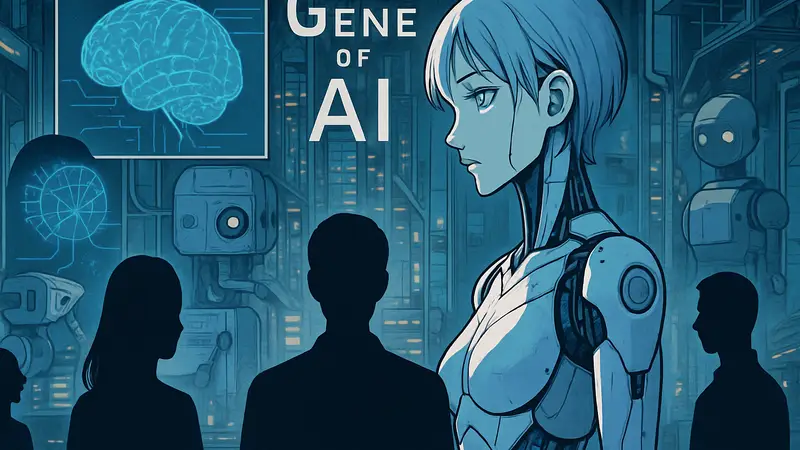 Обложка манги The Gene of AI, футуристические персонажи и элементы искусственного интеллекта