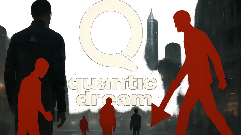 Логотип Quantic Dream на фоне скриншота из игры Detroit: Become Human, символ кризиса и увольнений