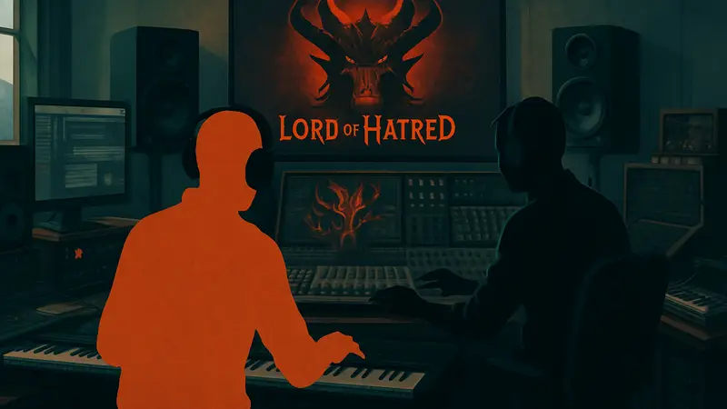 Композиторы Diablo 4 за работой в студии, окружённые музыкальным оборудованием, с логотипом Lord of Hatred.