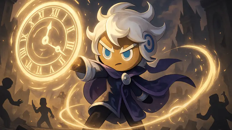 Изображение Timekeeper Cookie из игры Cookie Run: Kingdom в битве или с эффектами способностей