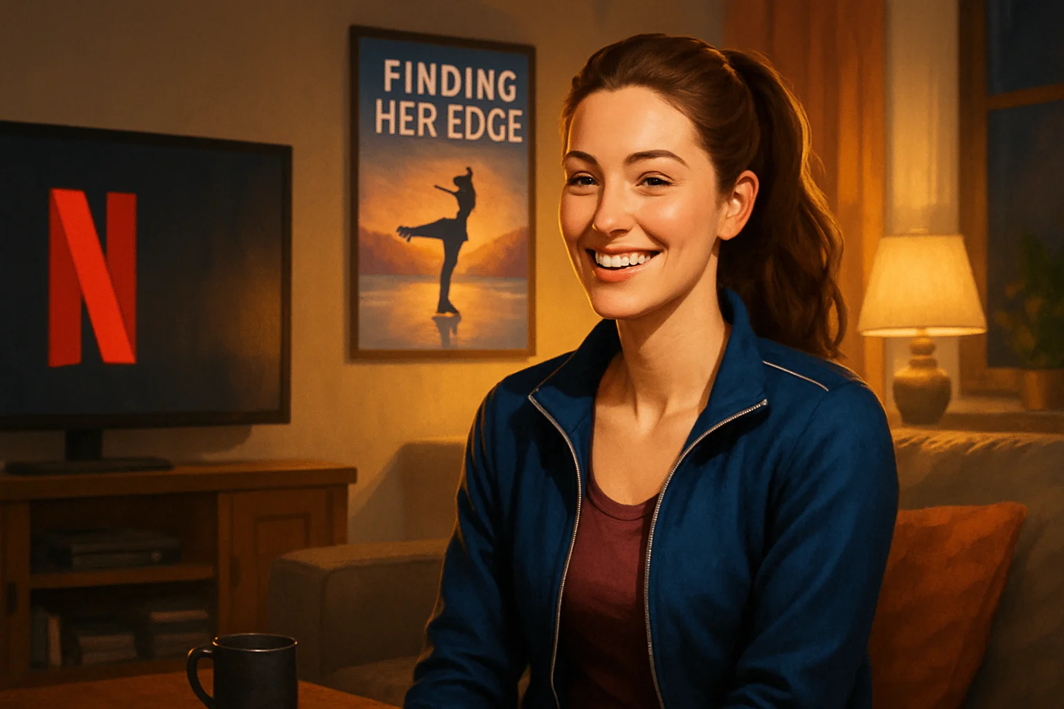 Постер сериала Netflix 'Finding Her Edge' с улыбающейся главной героиней в теплой обстановке.