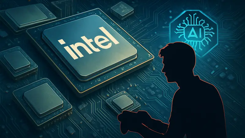 Логотип Intel, на фоне которого показаны микросхемы процессоров и элементы ИИ.