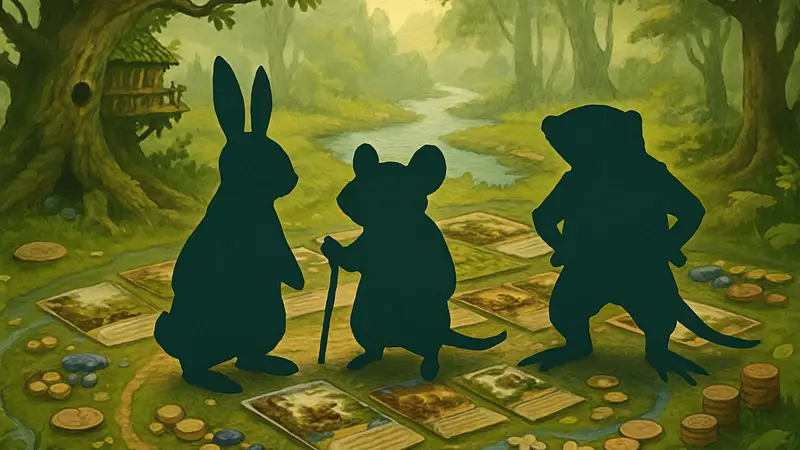 Игровое поле настольной игры «Эверделл» с милыми лесными зверьками, деревьями и картонными жетонами.
