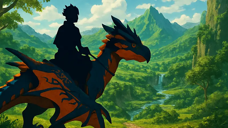 Главный герой Monster Hunter Stories 3 верхом на монстре в ярком игровом мире.