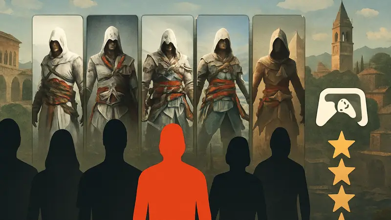 Обложки игр Assassin's Creed на фоне исторического сеттинга, рейтинг, лого DualShockers