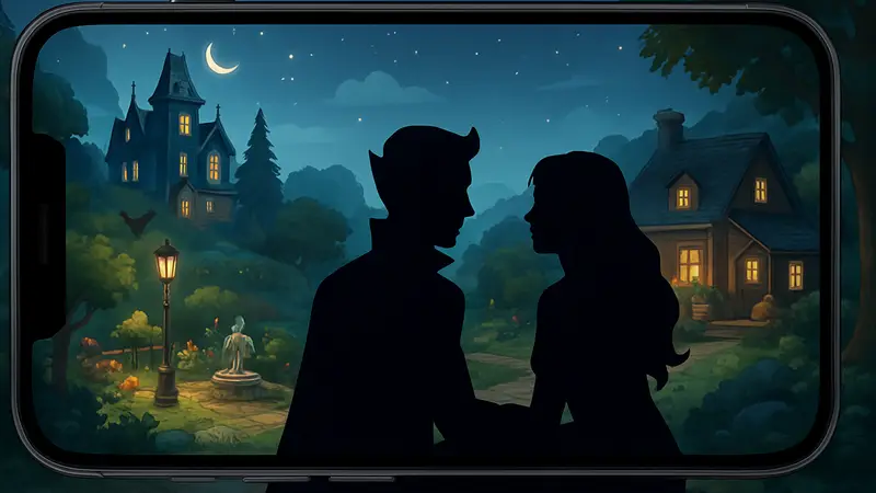 Игровой скриншот Moonlight Peaks с изображением вампиров и уютной атмосферы на Android.