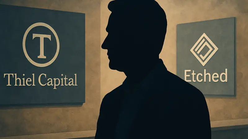 Портрет Джека Селби, на фоне логотипов Thiel Capital и Etched