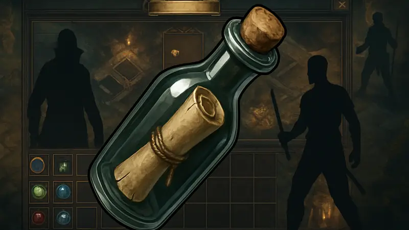 Иконка предмета «Послание в бутылке» из Path of Exile на фоне игрового интерфейса.