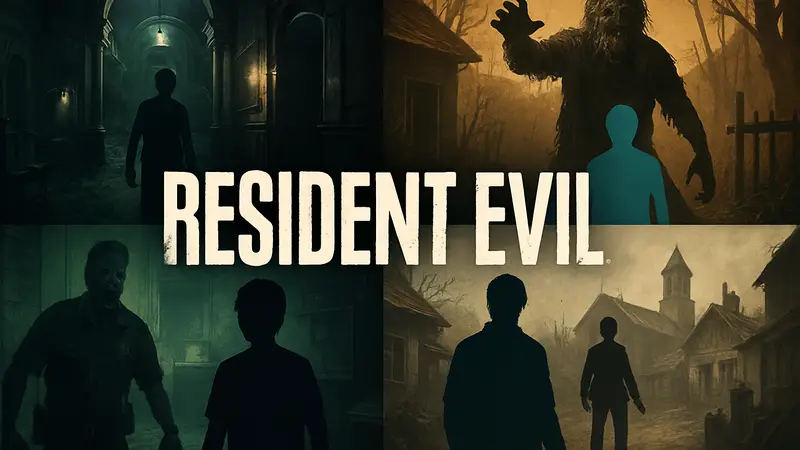 Логотип Resident Evil на фоне скриншотов из различных игр серии, иллюстрирующих рейтинг и сравнение.