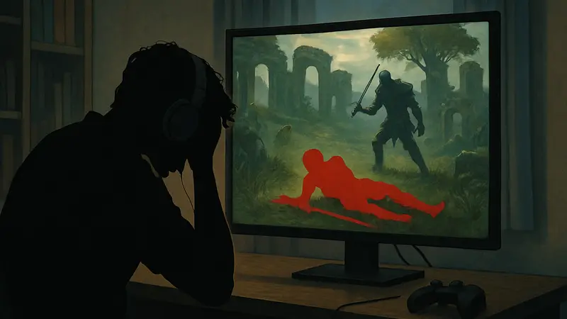 Геймер в отчаянии после несправедливой смерти персонажа в видеоигре, сидящий перед экраном.