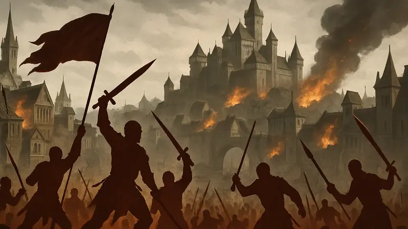 Иллюстрация к DLC Wartales: Кровь и бунт в столице с изображением городского восстания на фоне фэнтезийного города.