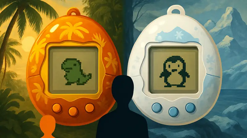 Изображение новых моделей Tamagotchi Paradise Orange Tropics и White Glacier на цветном фоне.