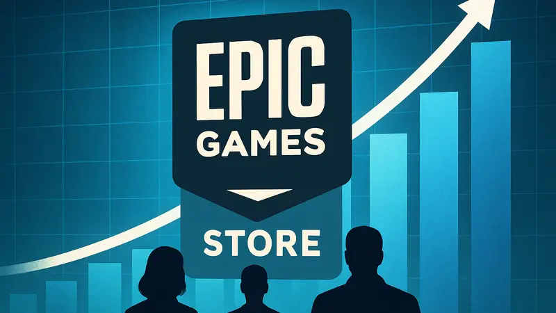 Логотип Epic Games Store на фоне графика роста продаж, демонстрирующий миллиардные доходы и успех платформы.