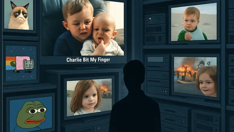 Коллекция винтажных интернет-мемов, включая мем 'Charlie bit my finger', в цифровом архиве BFI