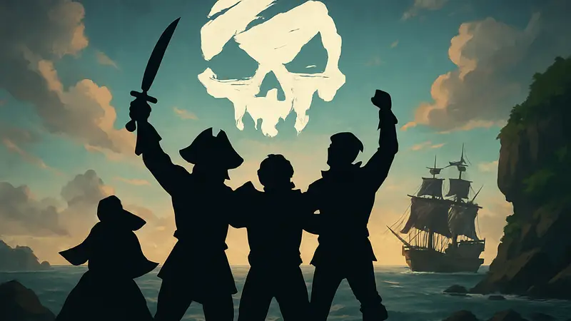 Логотип игры Sea of Thieves с пиратами и кораблём на фоне моря, символ сообщества.