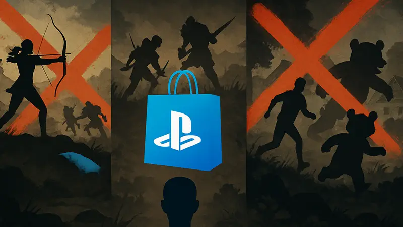 Логотип PlayStation Store на фоне удаляемых низкокачественных игр от Afil Games.