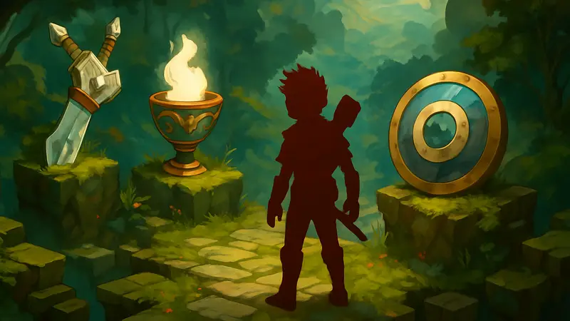 Скриншот из игры Bastion, где показан главный герой и божественные артефакты
