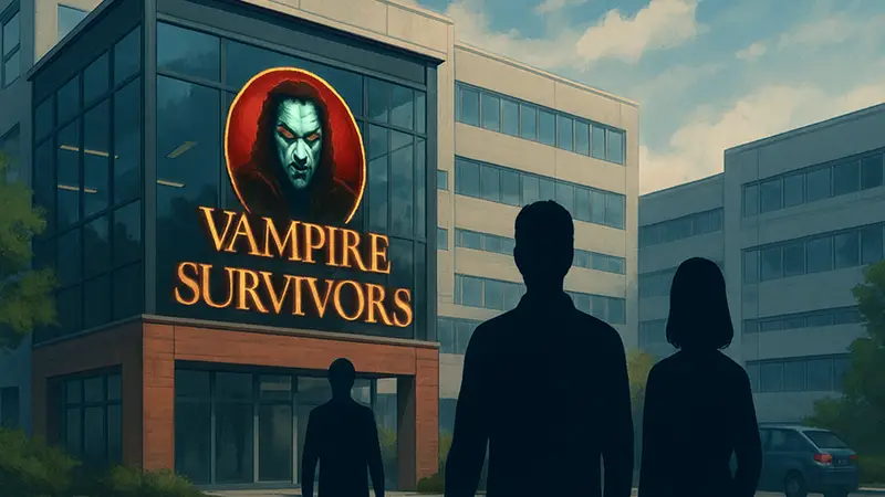 Логотип Vampire Survivors на фоне расширяющейся студии Poncle