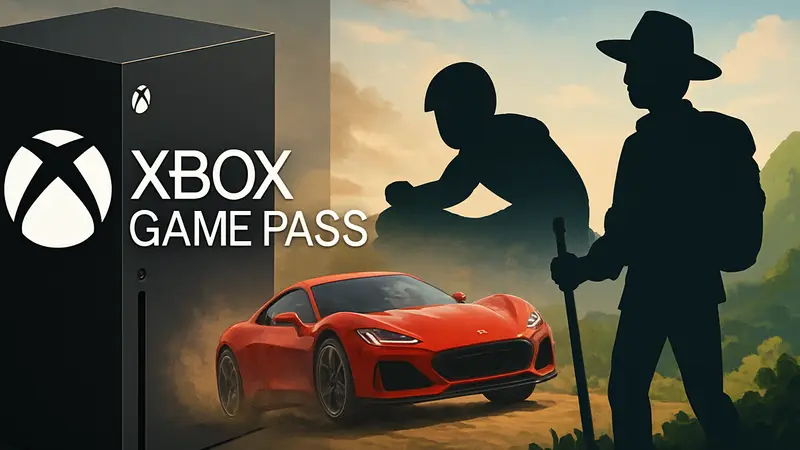 Логотип Xbox Game Pass на фоне консоли Xbox с двумя новыми играми для подписчиков