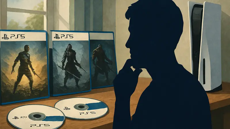 Игрок смотрит на коробки с играми и диски для PlayStation 5. Обсуждение срока службы дисков PS5.