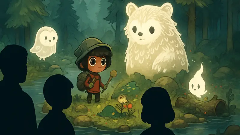 Игровой скриншот Cozy Grove, дружелюбные призраки и уютный остров на фоне леса.