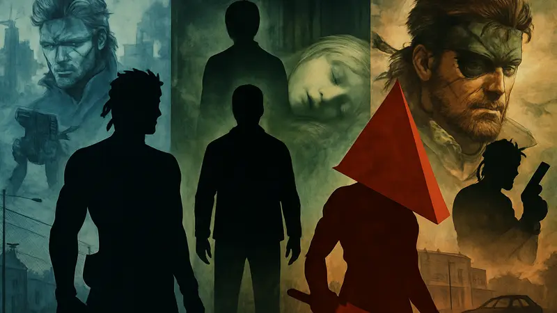 Коллаж с ключевыми персонажами или обложками игр серии Metal Gear и Silent Hill.