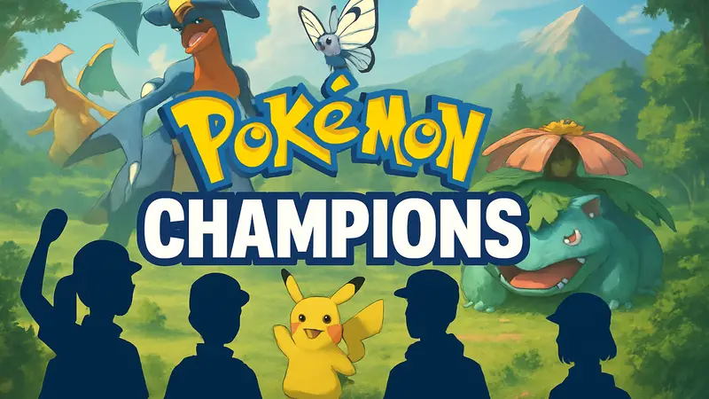 Логотип Pokémon Champions на фоне персонажей и покемонов