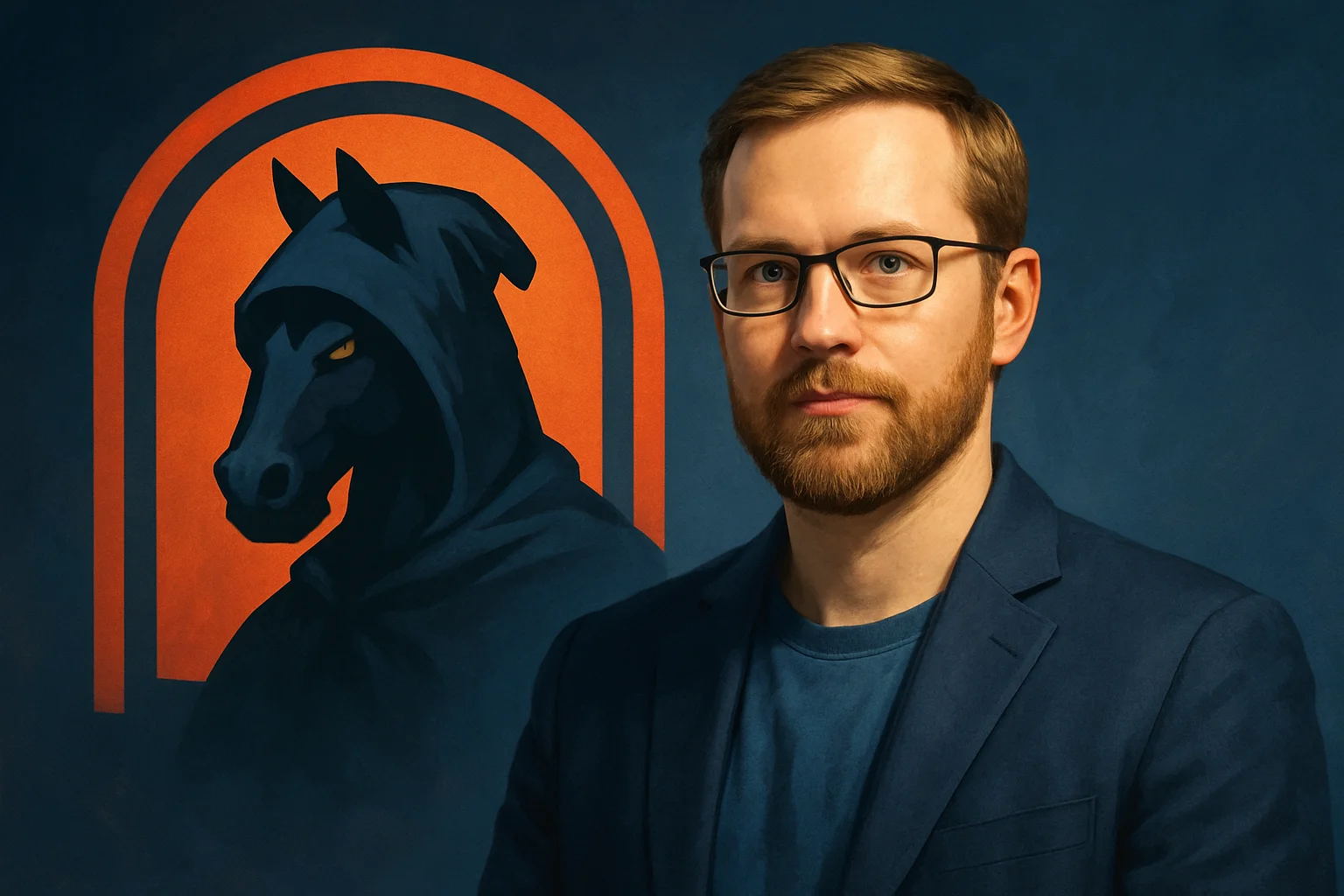 Портрет Тима Бендера, генерального директора Hooded Horse, на фоне логотипа компании.