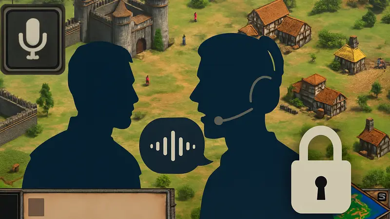 Игровой интерфейс Age of Empires 2 с элементами голосового чата и значком конфиденциальности.