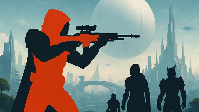 Игрок в Destiny 2 целится из оружия на фоне футуристического города, другие стражи рядом.