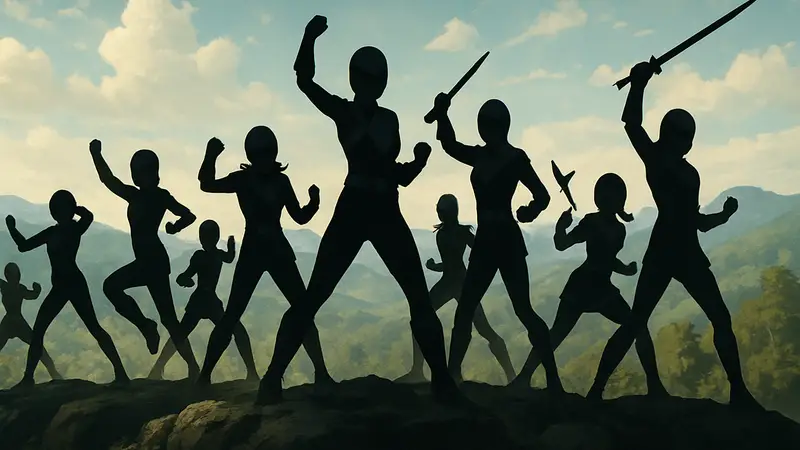 Изображение 10 женских рейнджеров Power Rangers разных поколений в ярких боевых позах.